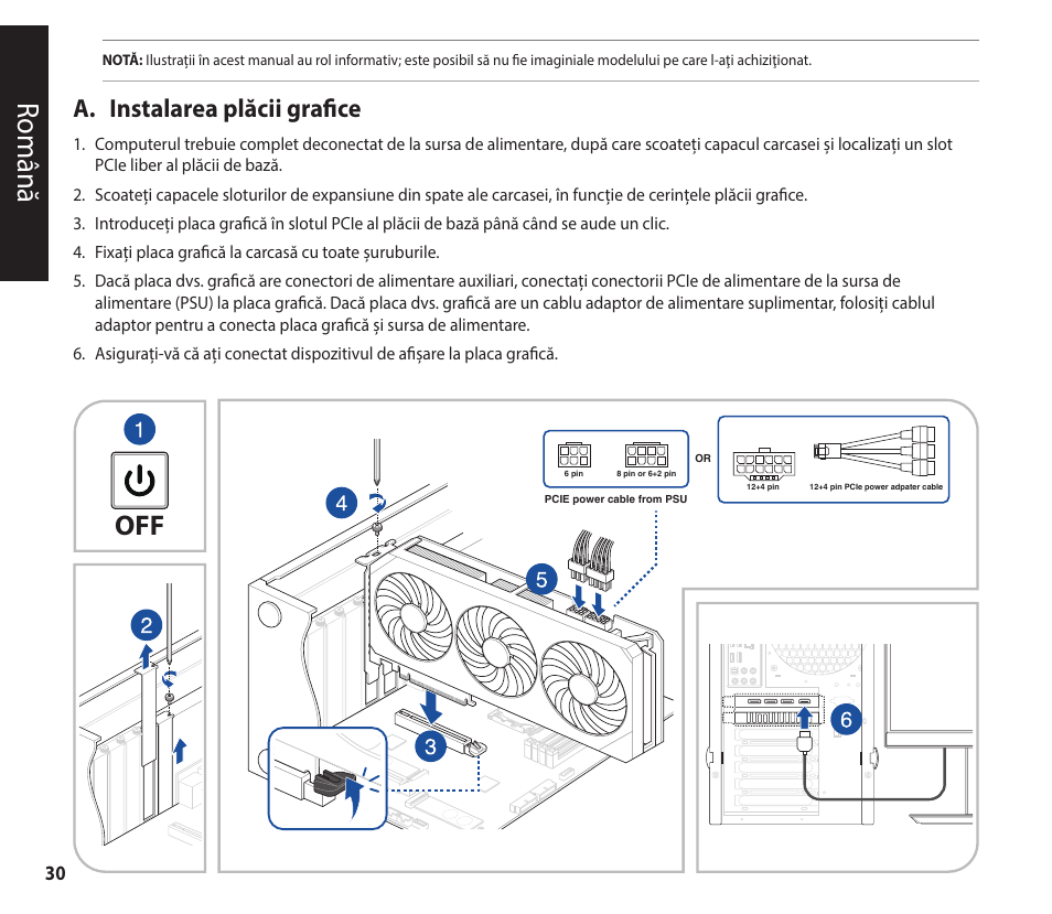 Română, A. instalarea plăcii grafice | Asus GeForce RTX 4070 TUF Gaming Graphics Card User Manual | Page 30 / 62