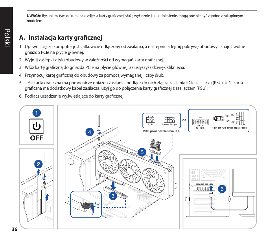 Polski, Polsk i, A. instalacja karty graficznej | Asus GeForce RTX 4070 TUF Gaming Graphics Card User Manual | Page 36 / 62