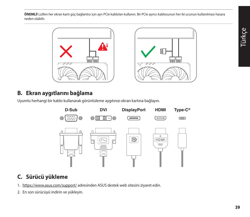 Tür kç e, B. ekran aygıtlarını bağlama, C. sürücü yükleme | Asus GeForce RTX 4070 TUF Gaming Graphics Card User Manual | Page 39 / 62