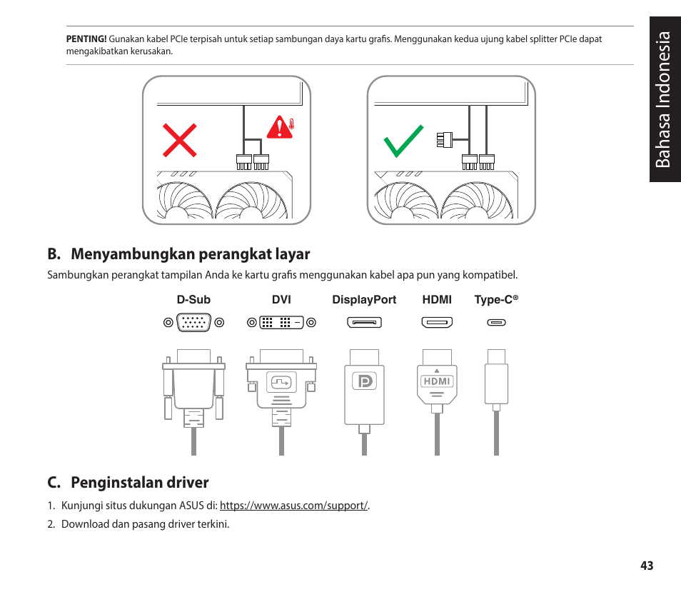 Bahasa i ndonesia, B. menyambungkan perangkat layar, C. penginstalan driver | Asus GeForce RTX 4070 TUF Gaming Graphics Card User Manual | Page 43 / 62