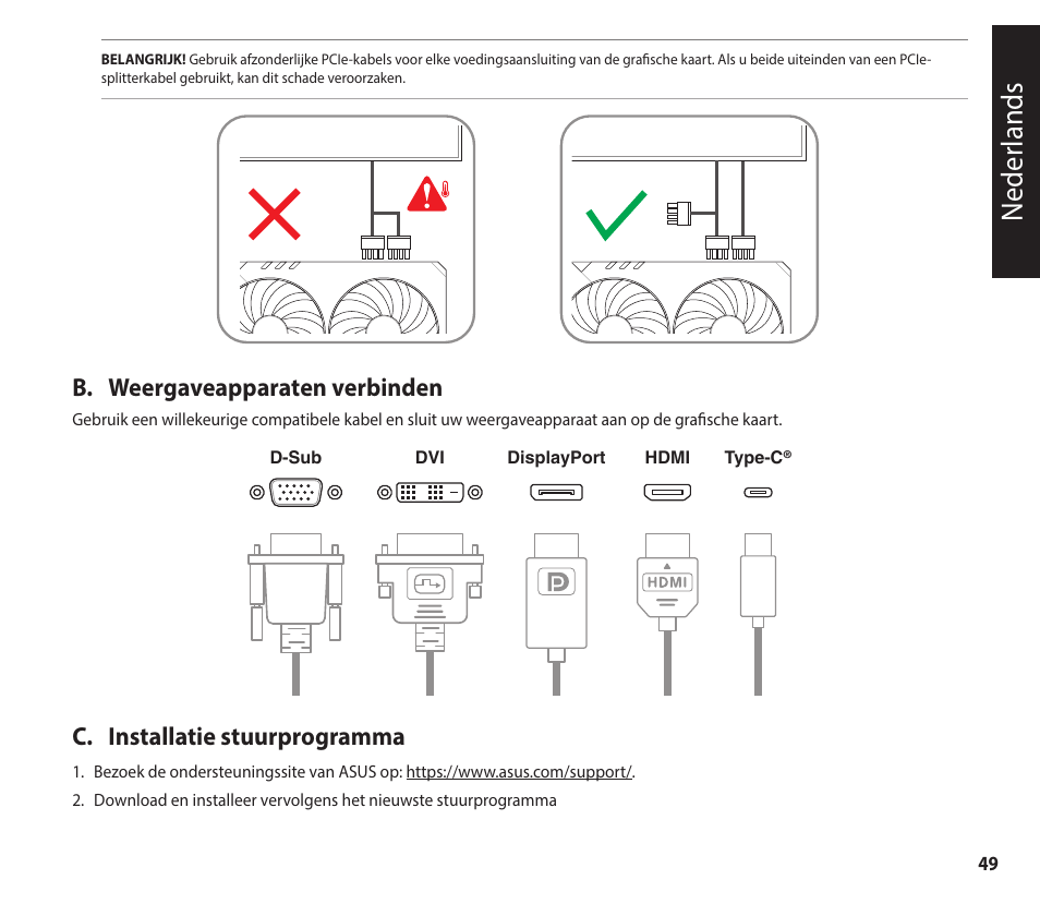 Neder lands, B. weergaveapparaten verbinden, C. installatie stuurprogramma | Asus GeForce RTX 4070 TUF Gaming Graphics Card User Manual | Page 49 / 62