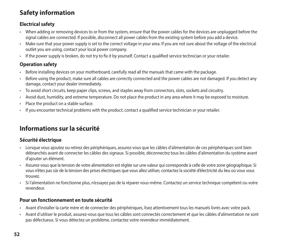 Safety information, Informations sur la sécurité | Asus GeForce RTX 4070 TUF Gaming Graphics Card User Manual | Page 52 / 62