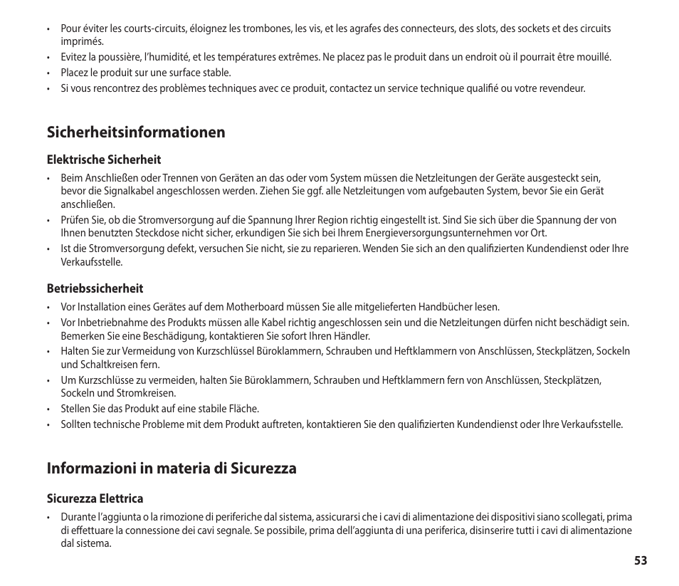 Sicherheitsinformationen, Informazioni in materia di sicurezza | Asus GeForce RTX 4070 TUF Gaming Graphics Card User Manual | Page 53 / 62