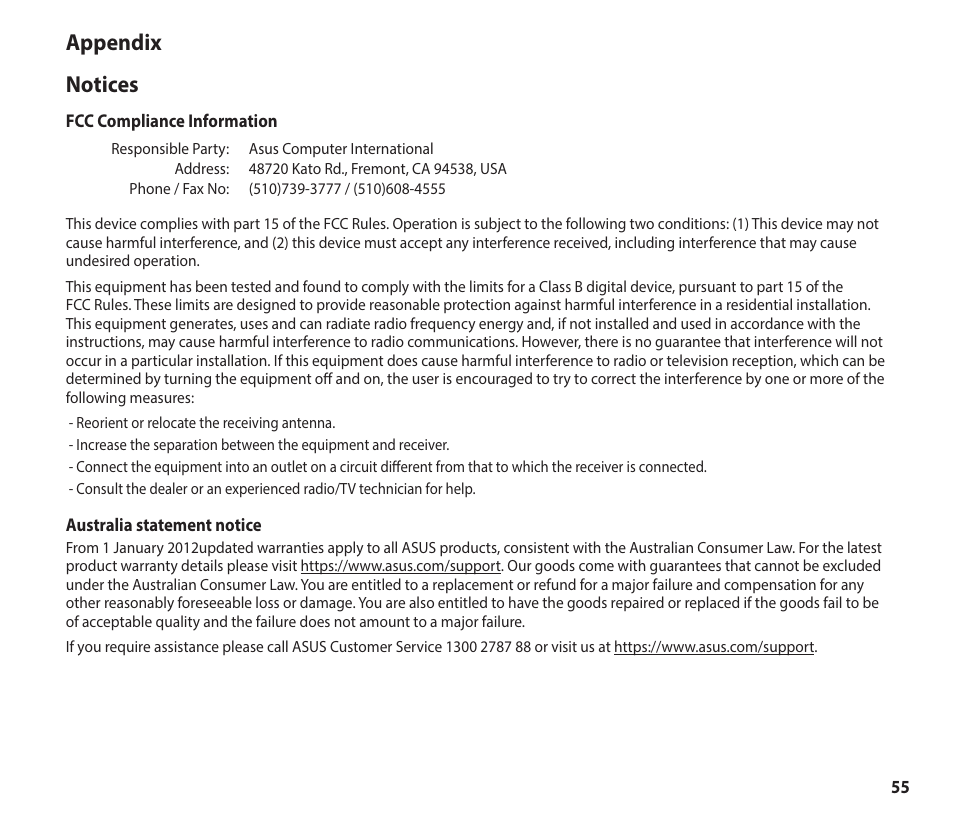 Appendix, Appendix notices | Asus GeForce RTX 4070 TUF Gaming Graphics Card User Manual | Page 55 / 62