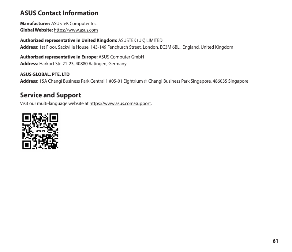 Asus contact information, Service and support | Asus GeForce RTX 4070 TUF Gaming Graphics Card User Manual | Page 61 / 62