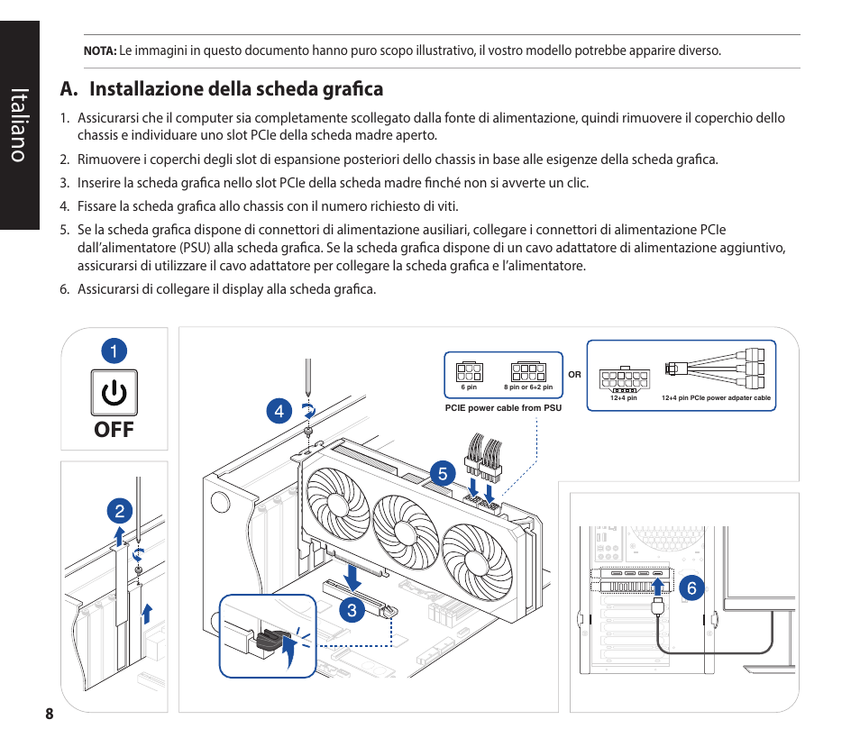 Italiano, A. installazione della scheda grafica | Asus GeForce RTX 4070 TUF Gaming Graphics Card User Manual | Page 8 / 62