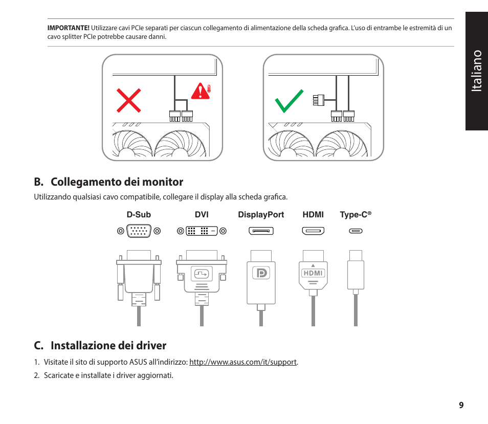 Italiano, B. collegamento dei monitor, C. installazione dei driver | Asus GeForce RTX 4070 TUF Gaming Graphics Card User Manual | Page 9 / 62