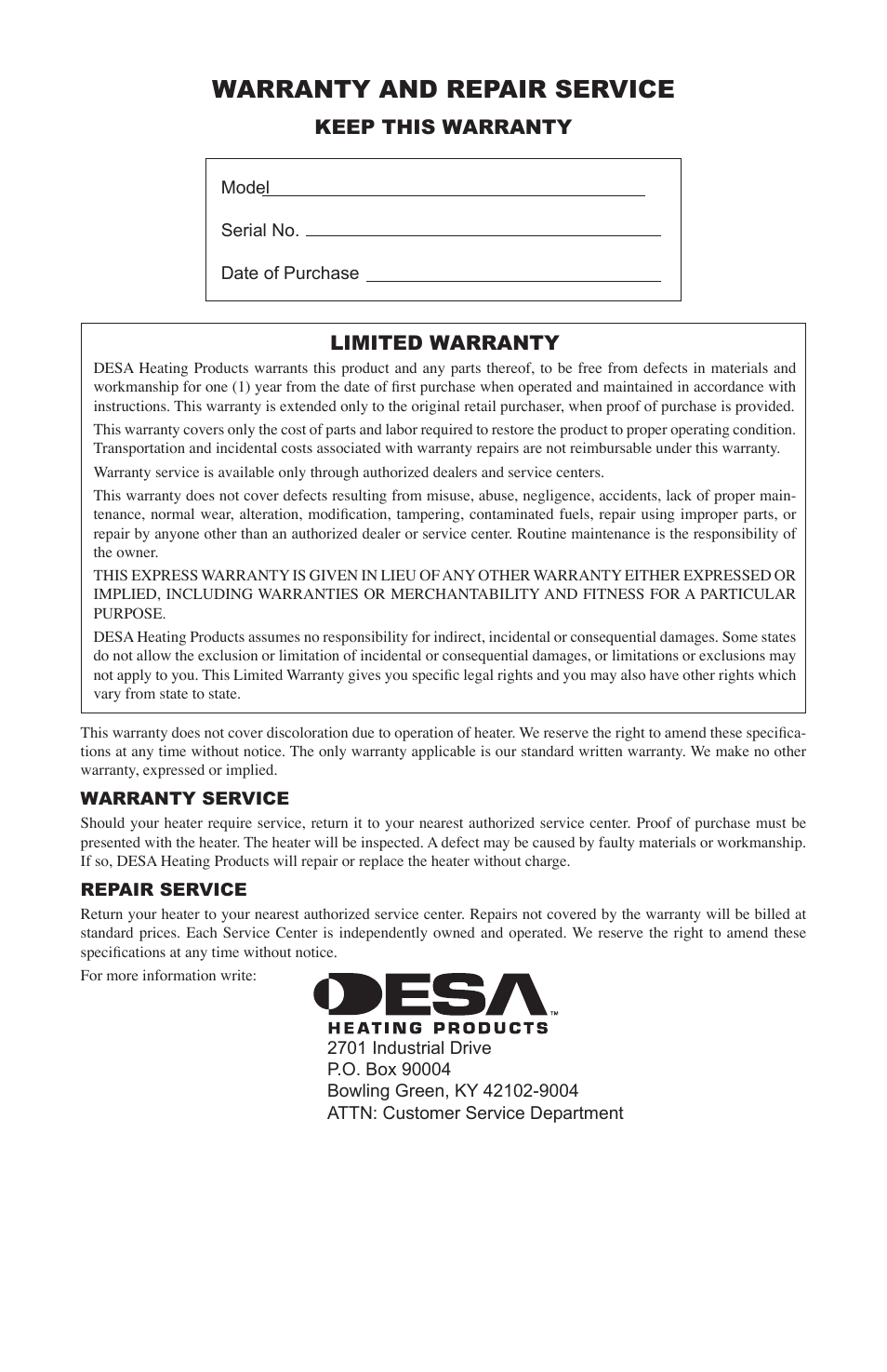 Warranty and repair service, Limited warranty, Keep this warranty | Desa 30-80 User Manual | Page 10 / 32