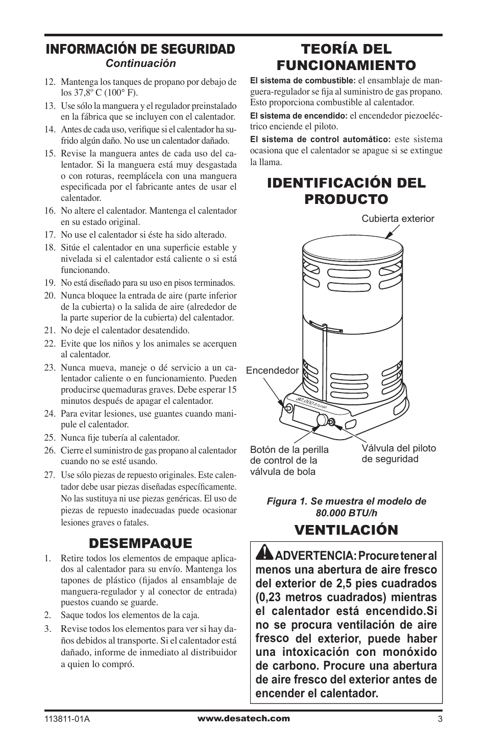 Desempaque, Teoría del funcionamiento, Identificación del producto | Ventilación, Información de seguridad, Identificación del producto ventilación | Desa 30-80 User Manual | Page 13 / 32
