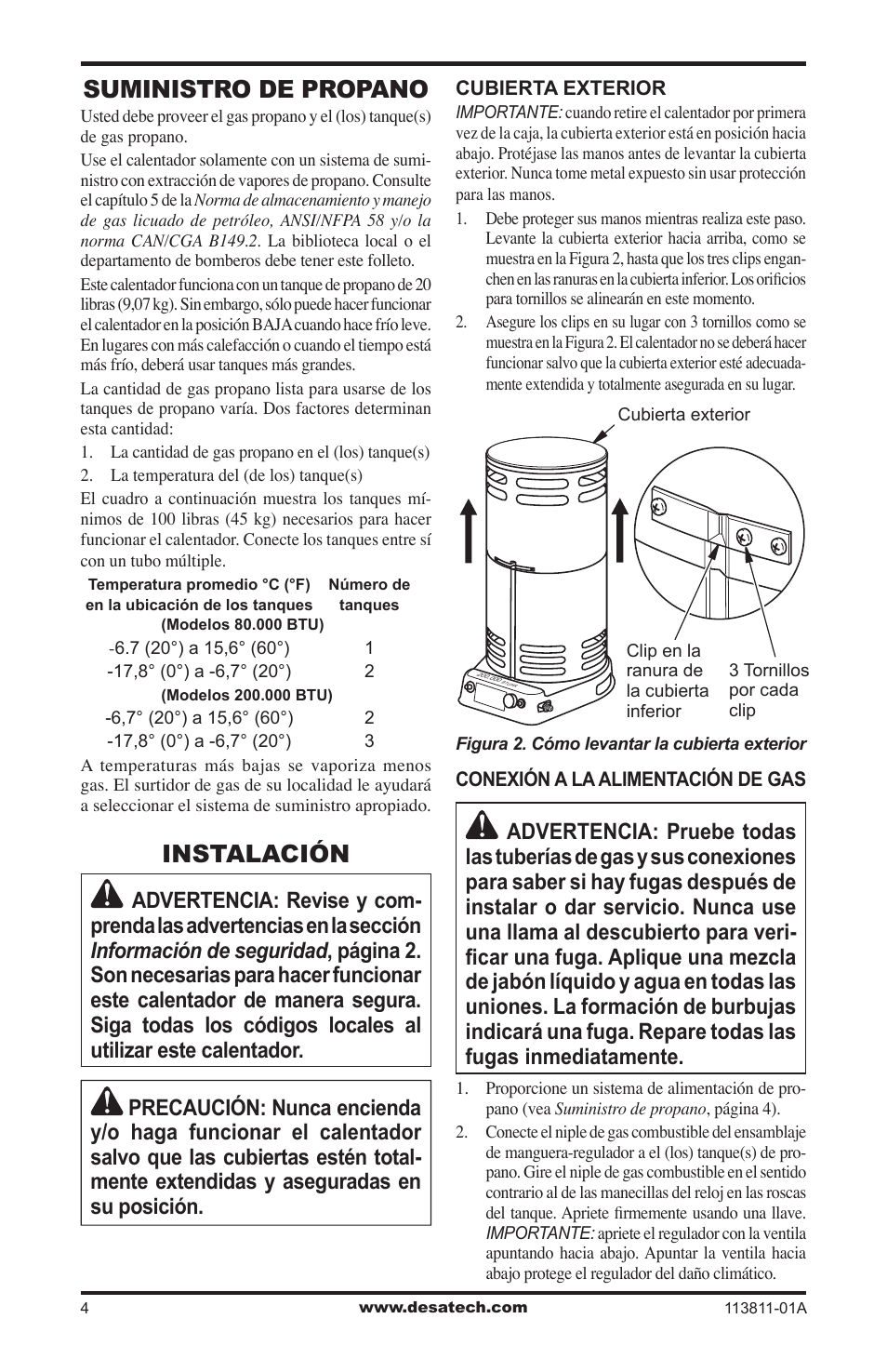 Suministro de propano, Instalación | Desa 30-80 User Manual | Page 14 / 32