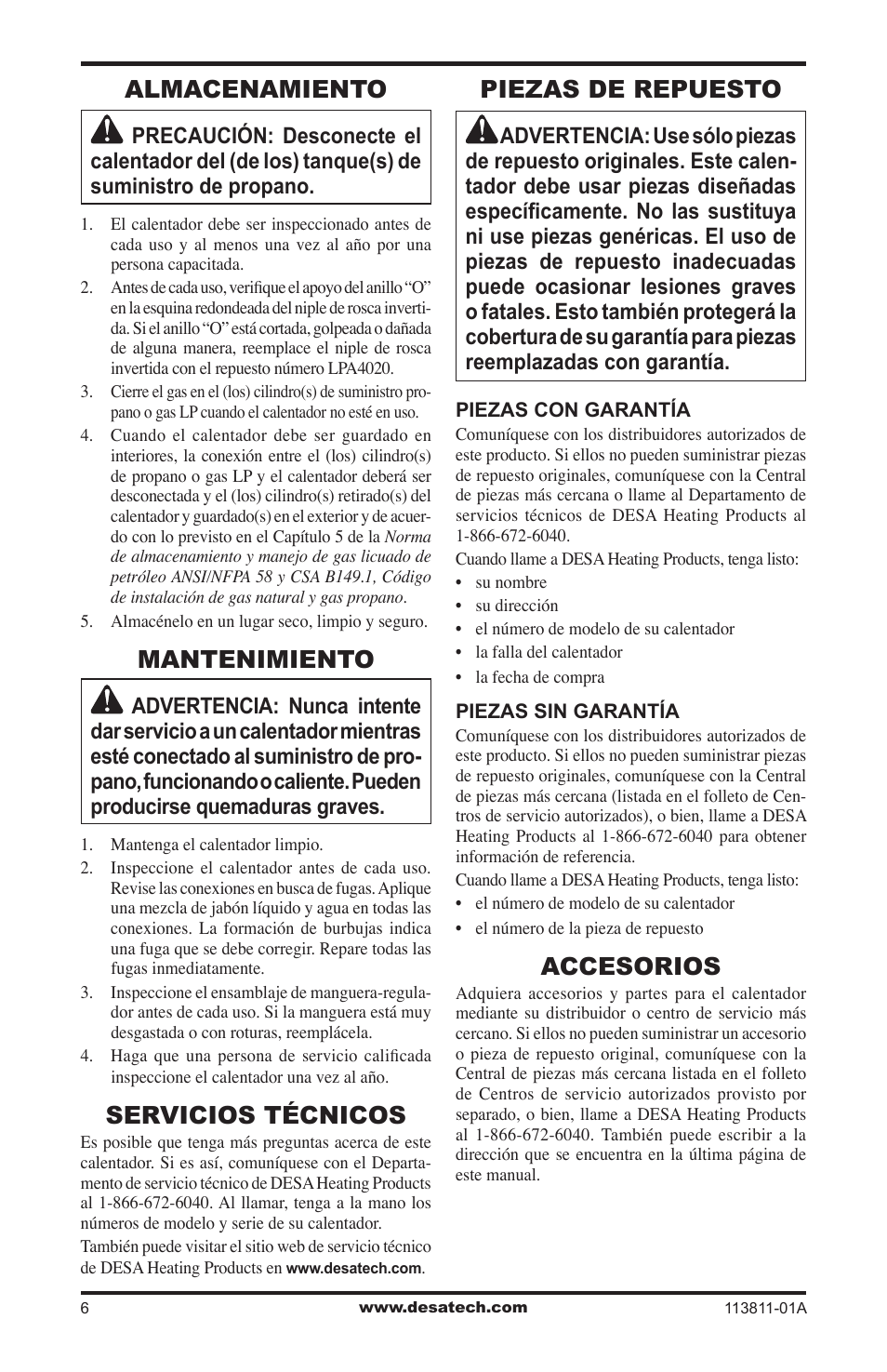 Almacenamiento, Mantenimiento, Servicios técnicos | Piezas de repuesto, Accesorios | Desa 30-80 User Manual | Page 16 / 32