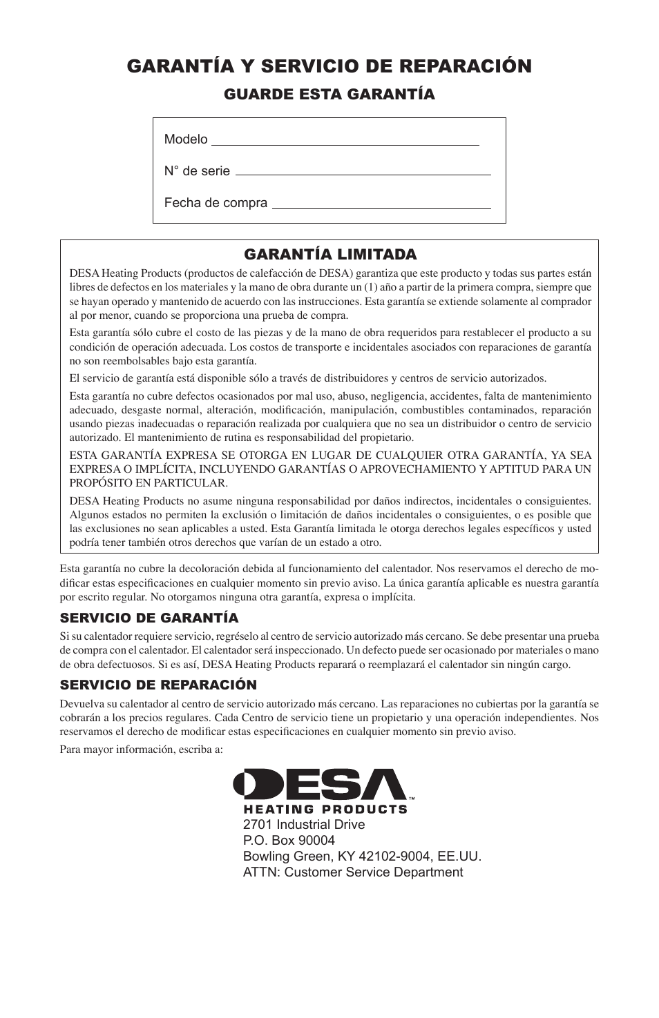 Garantía y servicio de reparación, Garantía limitada, Guarde esta garantía | Desa 30-80 User Manual | Page 20 / 32