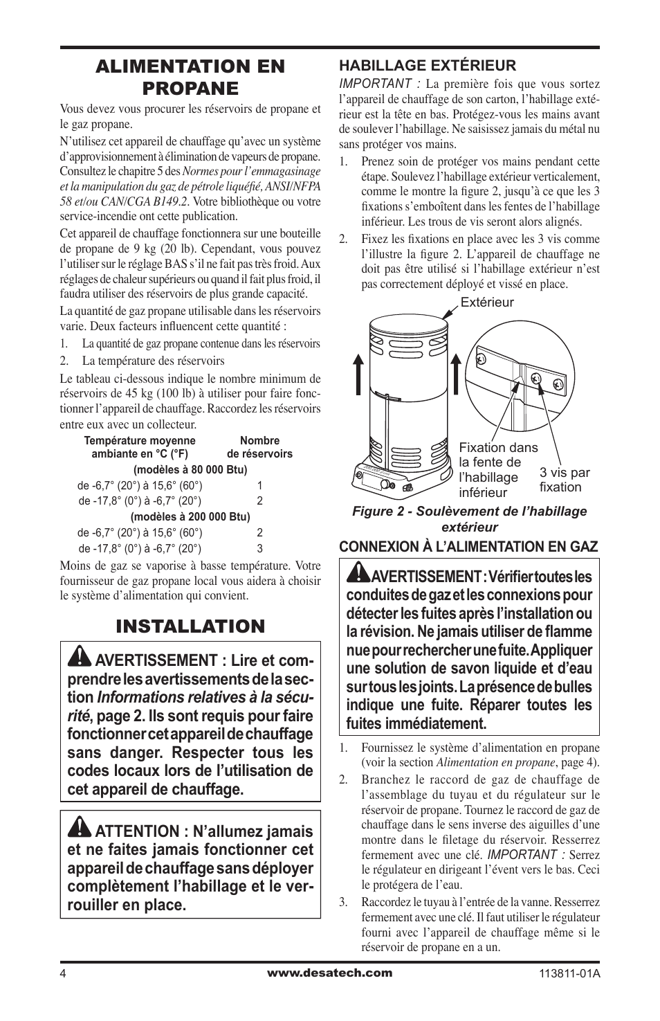 Alimentation en propane, Installation | Desa 30-80 User Manual | Page 24 / 32