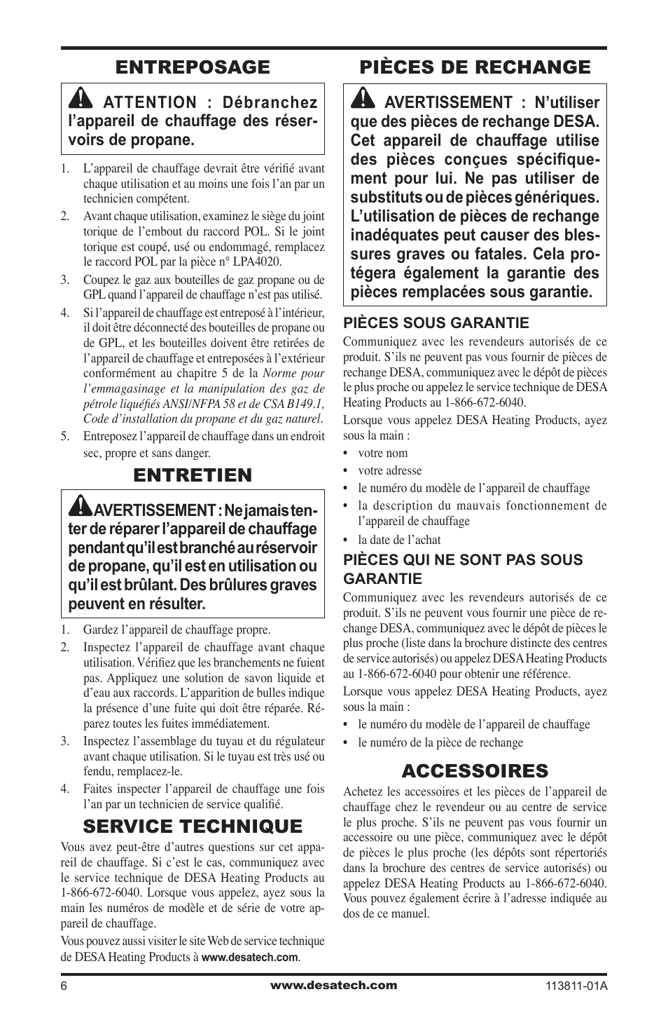 Entreposage, Entretien, Service technique | Pièces de rechange, Accessoires | Desa 30-80 User Manual | Page 26 / 32