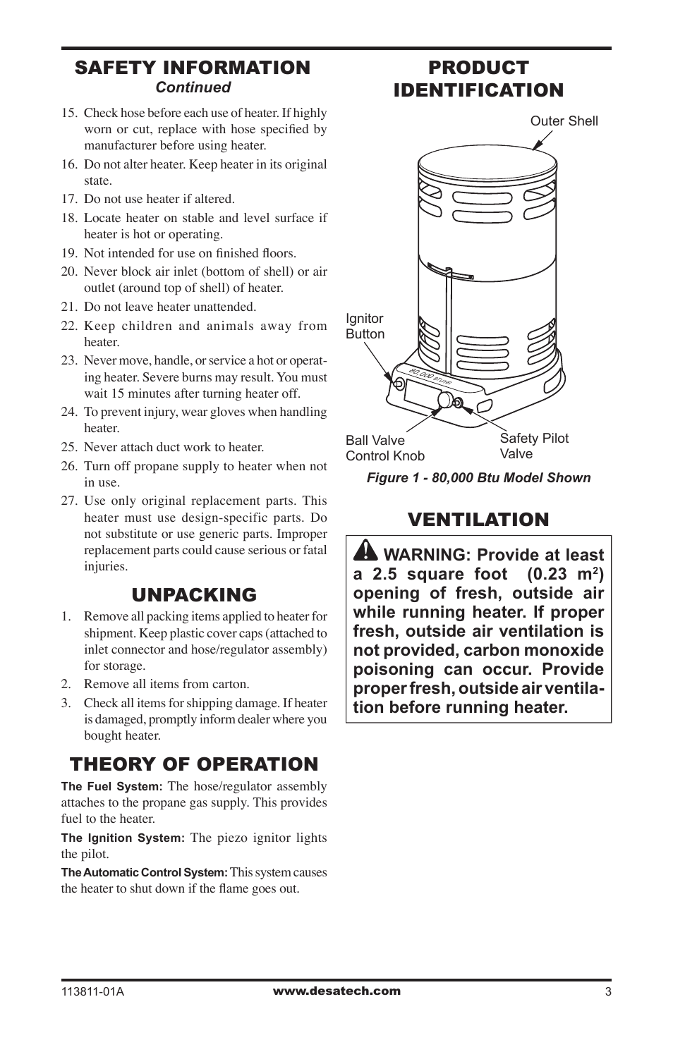 Unpacking, Theory of operation, Product identification | Ventilation, Safety information, Product identification ventilation | Desa 30-80 User Manual | Page 3 / 32