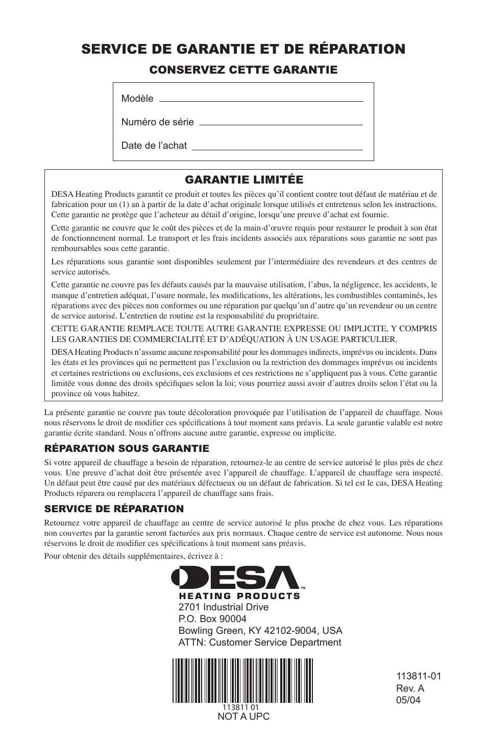 Service de garantie et de réparation, Garantie limitée, Conservez cette garantie | Desa 30-80 User Manual | Page 32 / 32