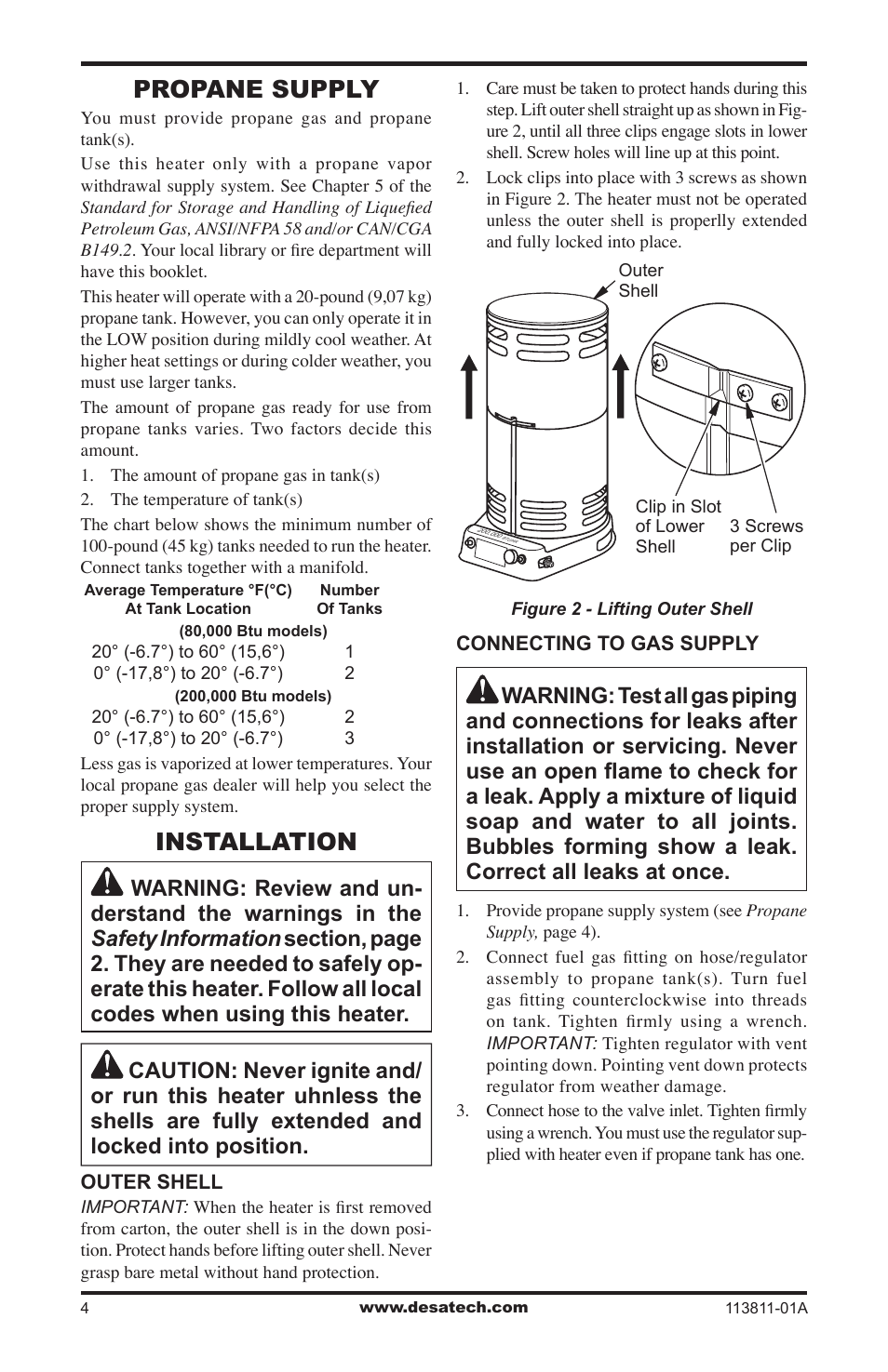 Propane supply, Installation | Desa 30-80 User Manual | Page 4 / 32