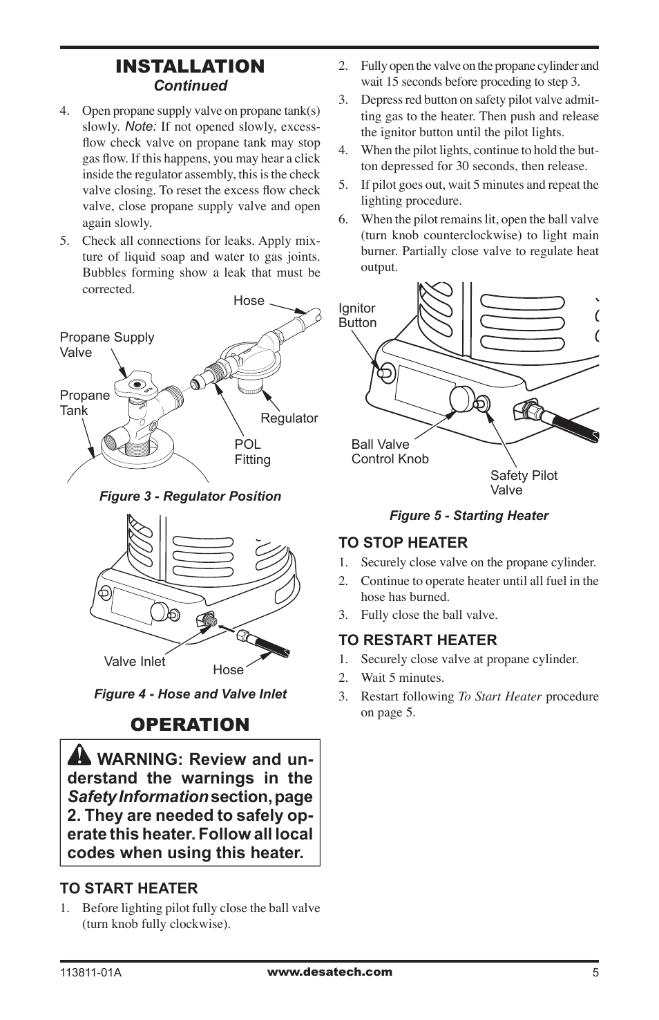 Operation, Installation | Desa 30-80 User Manual | Page 5 / 32