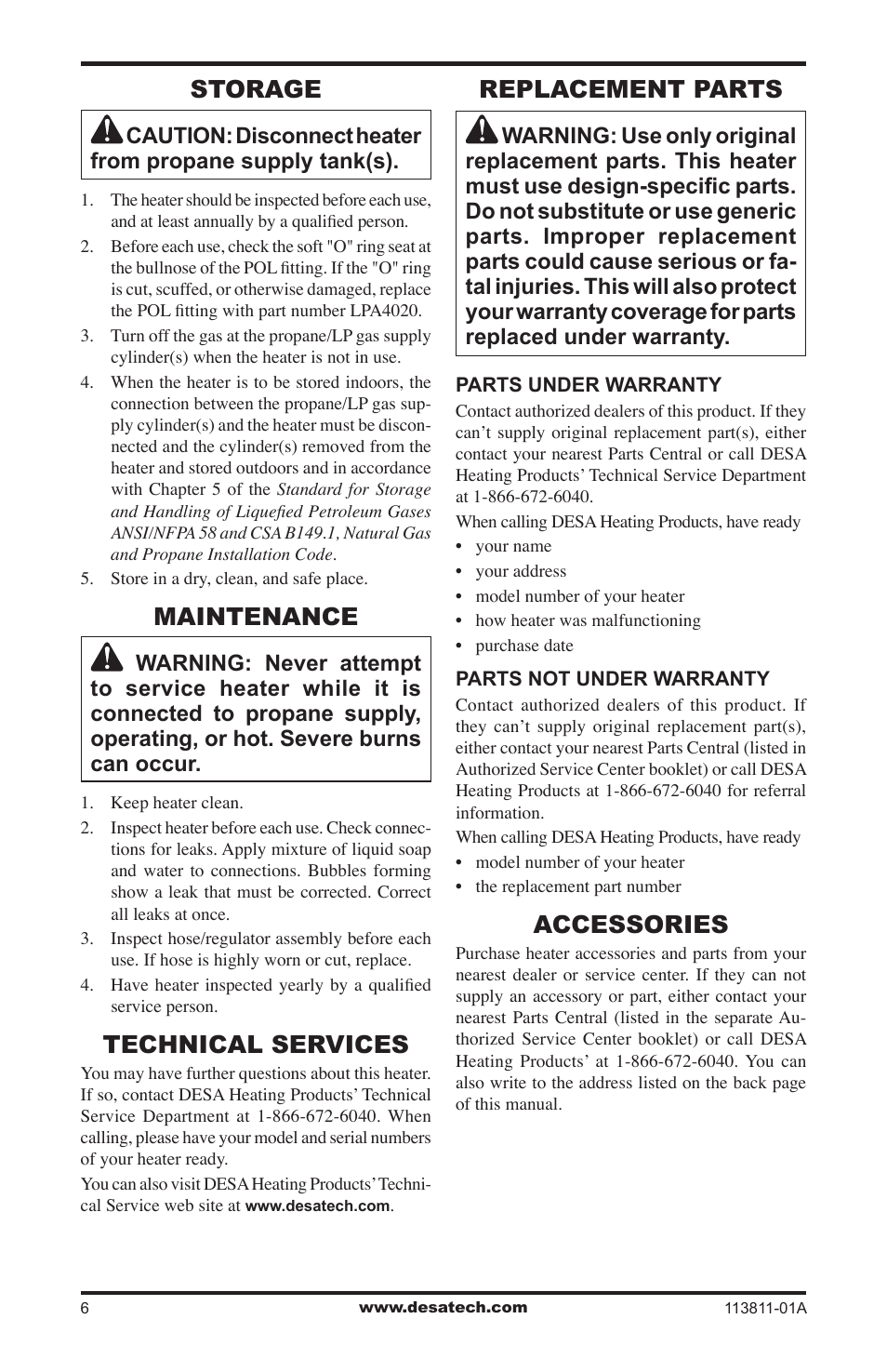 Storage, Maintenance, Technical services | Replacement parts, Accessories | Desa 30-80 User Manual | Page 6 / 32