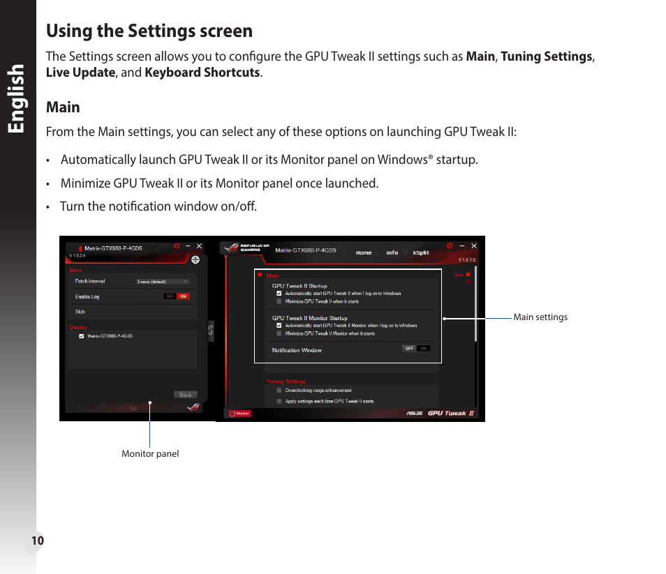 English, Using the settings screen | Asus GeForce GTX 1660 Ti TUF Gaming EVO OC Edition Graphics Card User Manual | Page 10 / 167