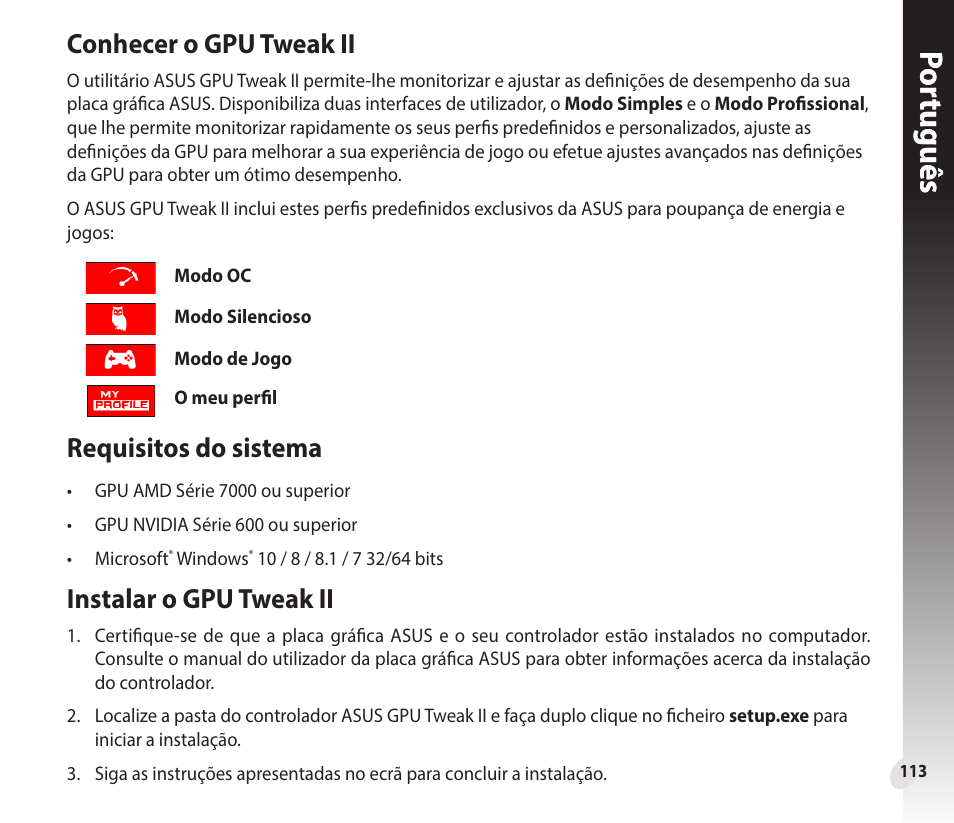 Por tuguês por tuguês, Conhecer o gpu tweak ii, Requisitos do sistema | Instalar o gpu tweak ii | Asus GeForce GTX 1660 Ti TUF Gaming EVO OC Edition Graphics Card User Manual | Page 113 / 167