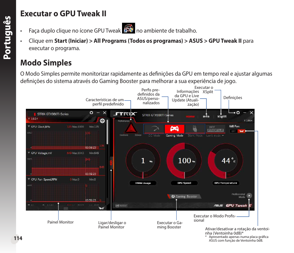 Por tuguês por tuguês, Executar o gpu tweak ii, Modo simples | Asus GeForce GTX 1660 Ti TUF Gaming EVO OC Edition Graphics Card User Manual | Page 114 / 167