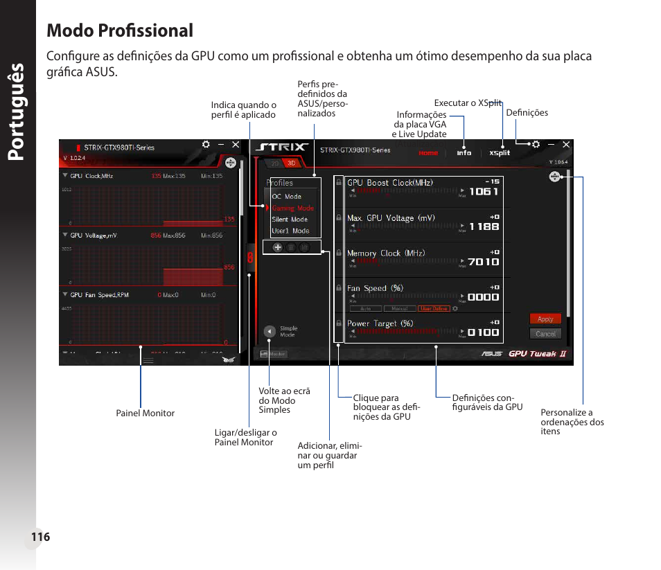 Por tuguês por tuguês, Modo profissional | Asus GeForce GTX 1660 Ti TUF Gaming EVO OC Edition Graphics Card User Manual | Page 116 / 167