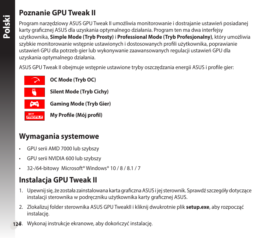 Polsk i polsk i, Poznanie gpu tweak ii, Wymagania systemowe | Instalacja gpu tweak ii | Asus GeForce GTX 1660 Ti TUF Gaming EVO OC Edition Graphics Card User Manual | Page 124 / 167