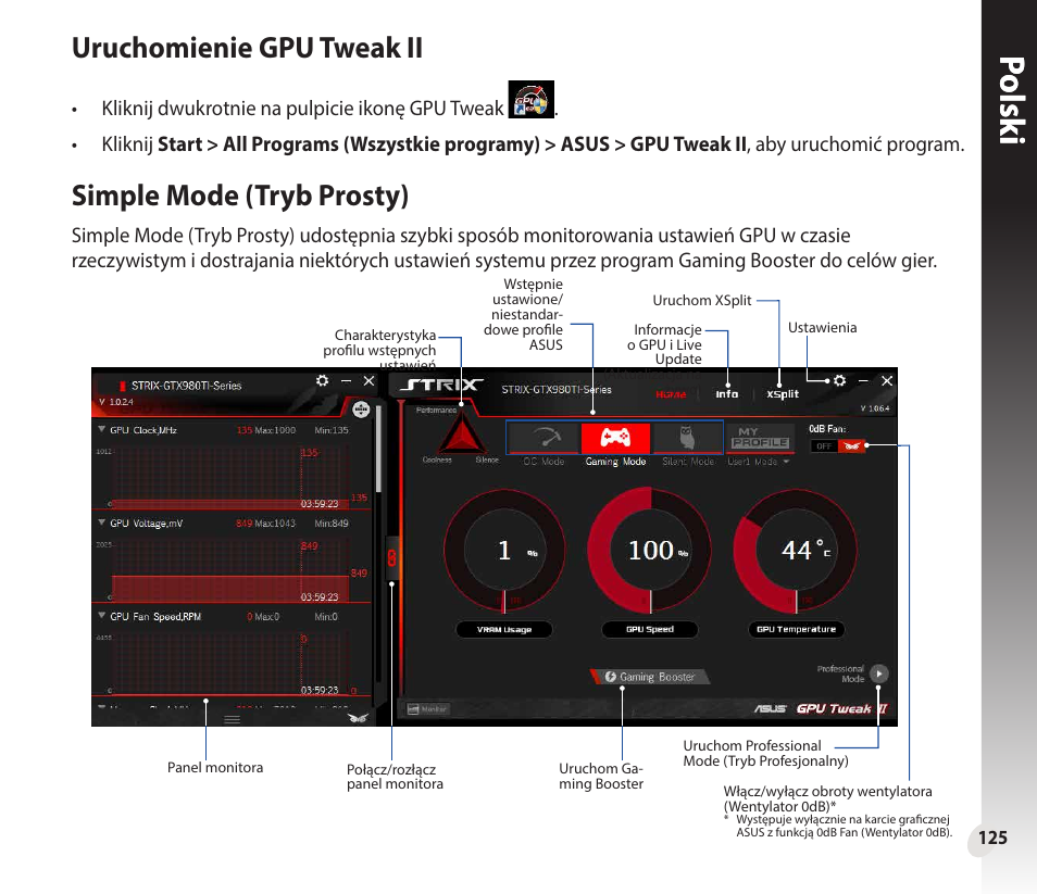 Polsk i, Uruchomienie gpu tweak ii, Simple mode (tryb prosty) | Asus GeForce GTX 1660 Ti TUF Gaming EVO OC Edition Graphics Card User Manual | Page 125 / 167