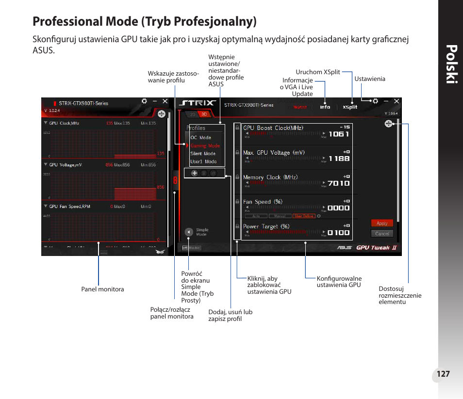 Polsk i, Professional mode (tryb profesjonalny) | Asus GeForce GTX 1660 Ti TUF Gaming EVO OC Edition Graphics Card User Manual | Page 127 / 167