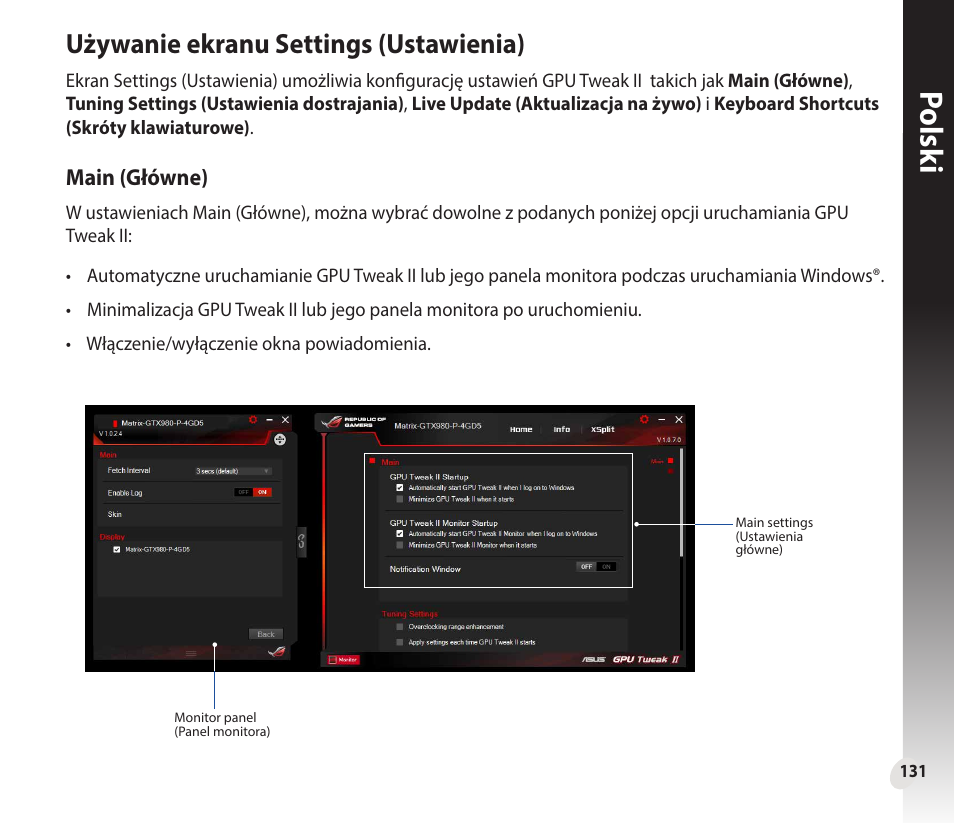 Polsk i, Używanie ekranu settings (ustawienia) | Asus GeForce GTX 1660 Ti TUF Gaming EVO OC Edition Graphics Card User Manual | Page 131 / 167