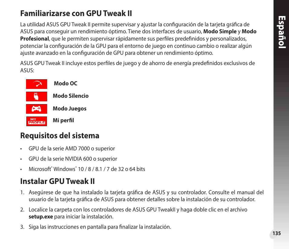 Españolespañol, Familiarizarse con gpu tweak ii, Requisitos del sistema | Instalar gpu tweak ii | Asus GeForce GTX 1660 Ti TUF Gaming EVO OC Edition Graphics Card User Manual | Page 135 / 167