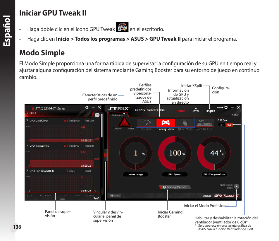 Españolespañol, Iniciar gpu tweak ii, Modo simple | Asus GeForce GTX 1660 Ti TUF Gaming EVO OC Edition Graphics Card User Manual | Page 136 / 167