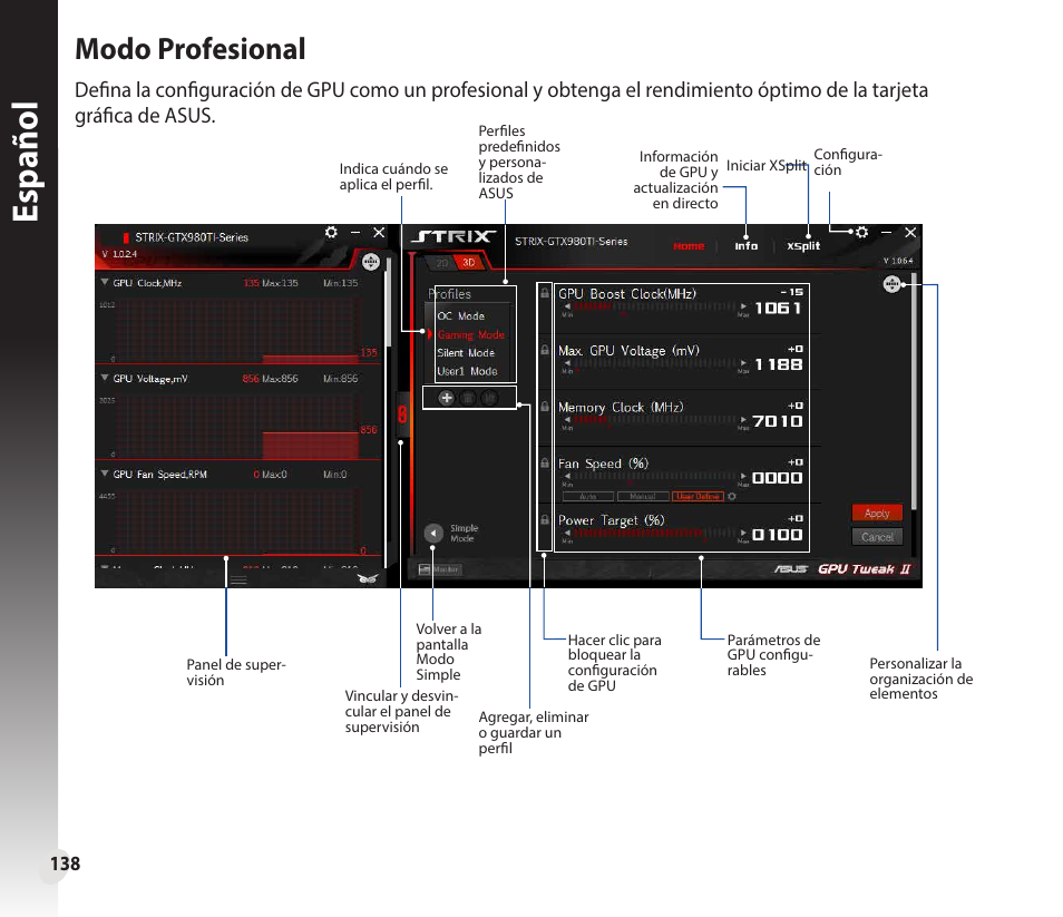 Español, Modo profesional | Asus GeForce GTX 1660 Ti TUF Gaming EVO OC Edition Graphics Card User Manual | Page 138 / 167