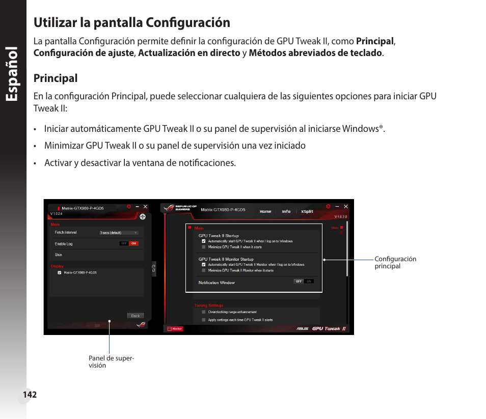 Español, Utilizar la pantalla configuración | Asus GeForce GTX 1660 Ti TUF Gaming EVO OC Edition Graphics Card User Manual | Page 142 / 167