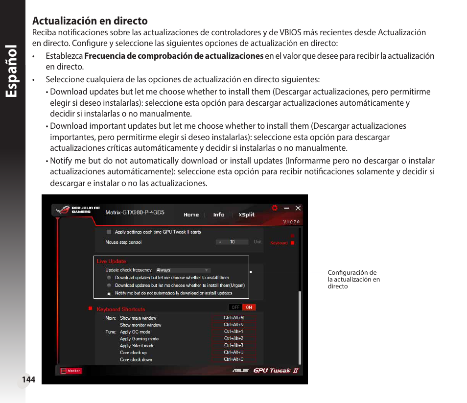 Español, Actualización en directo | Asus GeForce GTX 1660 Ti TUF Gaming EVO OC Edition Graphics Card User Manual | Page 144 / 167