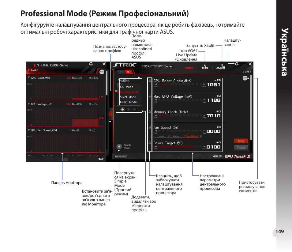 Укр аїнськ а укр аїнськ а, Professional mode (режим професіональний) | Asus GeForce GTX 1660 Ti TUF Gaming EVO OC Edition Graphics Card User Manual | Page 149 / 167