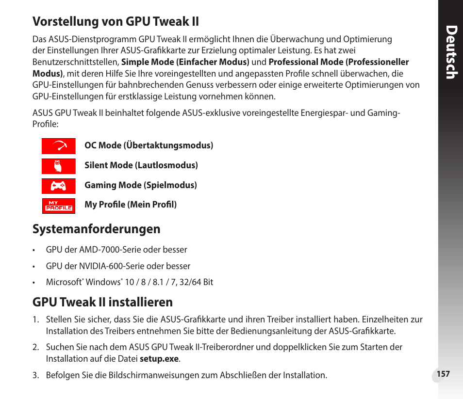 Deutschdeutsch, Vorstellung von gpu tweak ii, Systemanforderungen | Gpu tweak ii installieren | Asus GeForce GTX 1660 Ti TUF Gaming EVO OC Edition Graphics Card User Manual | Page 157 / 167