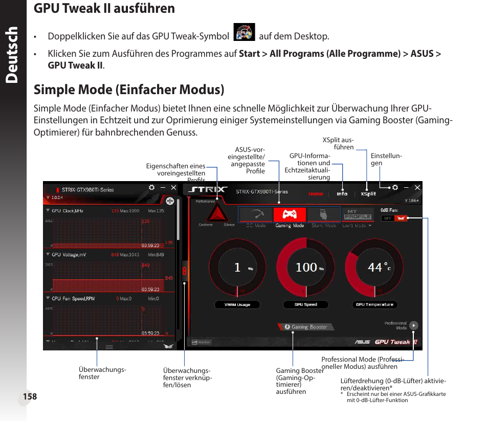 Deutschdeutsch, Gpu tweak ii ausführen, Simple mode (einfacher modus) | Asus GeForce GTX 1660 Ti TUF Gaming EVO OC Edition Graphics Card User Manual | Page 158 / 167