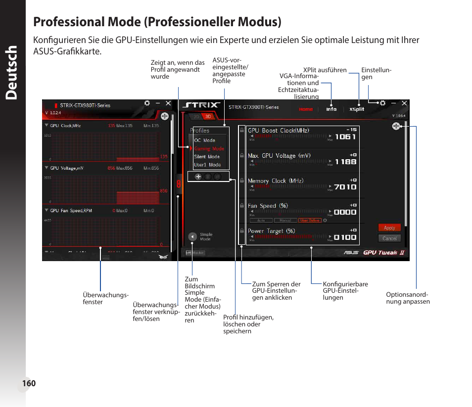 Deutsch, Professional mode (professioneller modus) | Asus GeForce GTX 1660 Ti TUF Gaming EVO OC Edition Graphics Card User Manual | Page 160 / 167