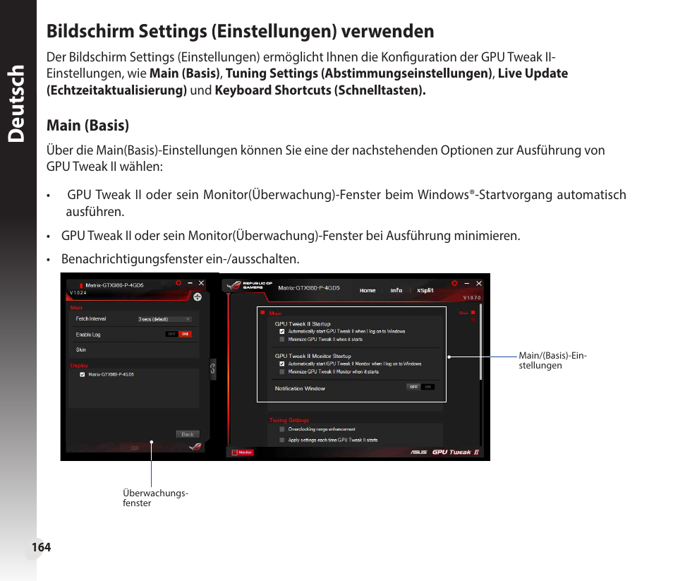 Deutsch, Bildschirm settings (einstellungen) verwenden, Main (basis) | Asus GeForce GTX 1660 Ti TUF Gaming EVO OC Edition Graphics Card User Manual | Page 164 / 167