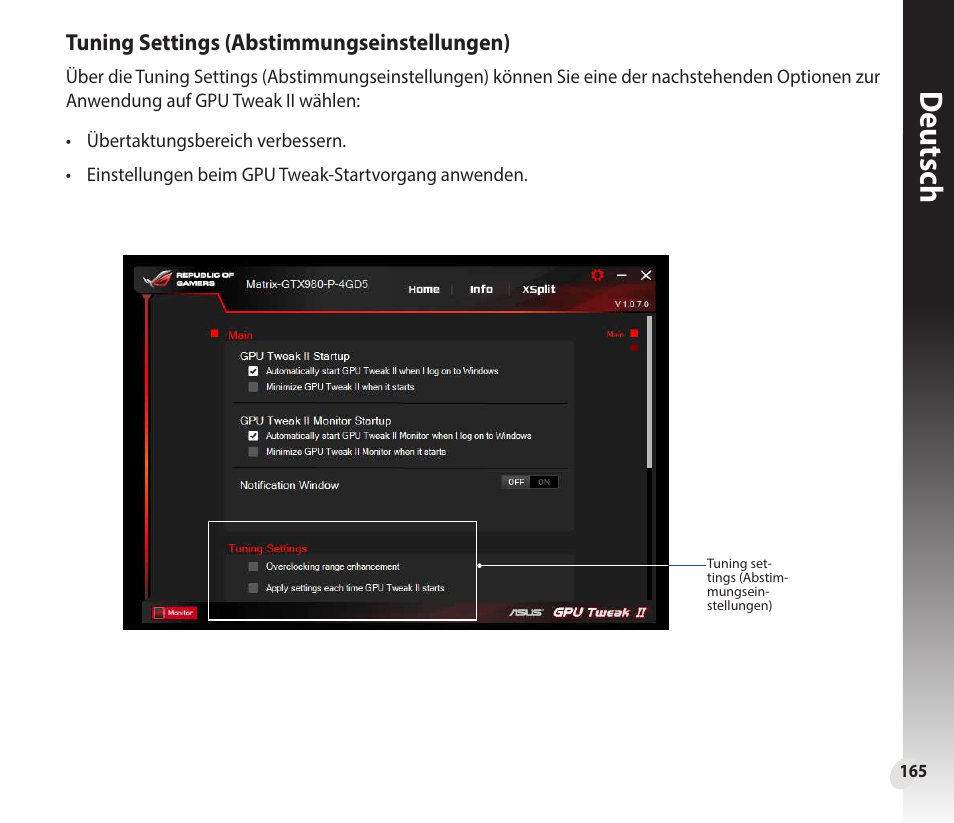 Deutsch, Tuning settings (abstimmungseinstellungen) | Asus GeForce GTX 1660 Ti TUF Gaming EVO OC Edition Graphics Card User Manual | Page 165 / 167