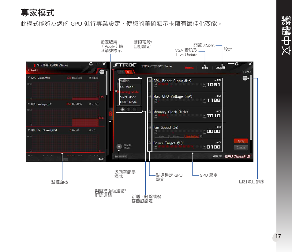 繁體中文, 專家模式, 此模式能夠為您的 gpu 進行專業設定，使您的華碩顯示卡擁有最佳化效能 | Asus GeForce GTX 1660 Ti TUF Gaming EVO OC Edition Graphics Card User Manual | Page 17 / 167