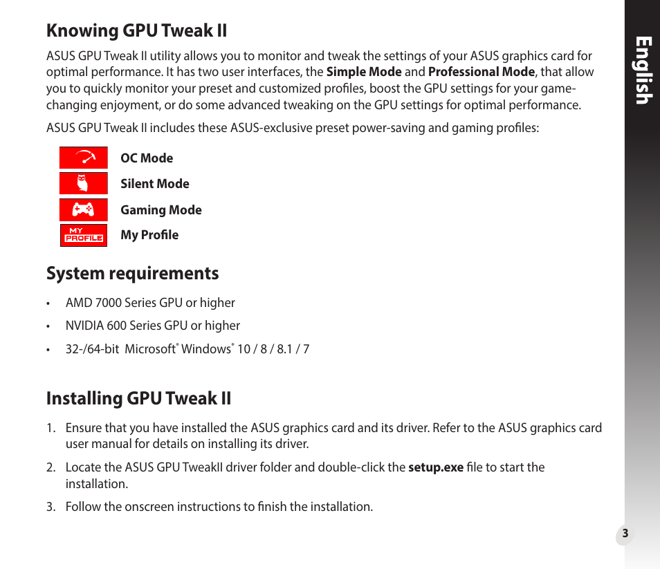 Englishenglish, Knowing gpu tweak ii, System requirements | Installing gpu tweak ii | Asus GeForce GTX 1660 Ti TUF Gaming EVO OC Edition Graphics Card User Manual | Page 3 / 167