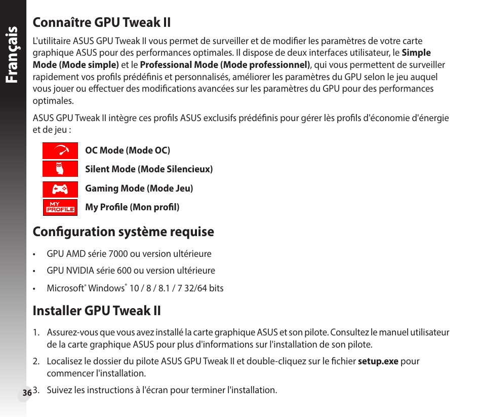 Fr anç ais fr anç ais, Connaître gpu tweak ii, Configuration système requise | Installer gpu tweak ii | Asus GeForce GTX 1660 Ti TUF Gaming EVO OC Edition Graphics Card User Manual | Page 36 / 167