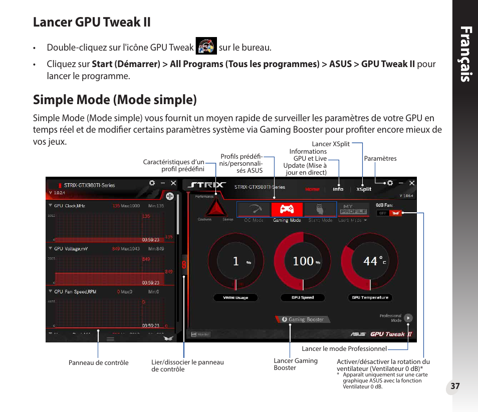 Franç ais, Lancer gpu tweak ii, Simple mode (mode simple) | Asus GeForce GTX 1660 Ti TUF Gaming EVO OC Edition Graphics Card User Manual | Page 37 / 167