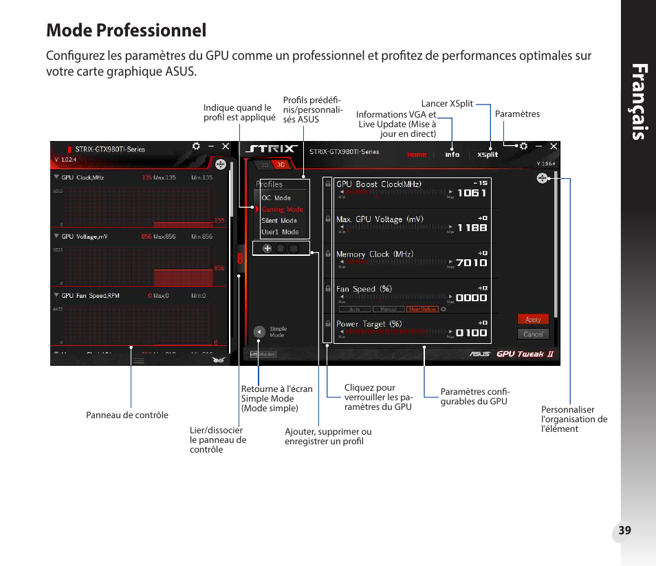 Fr anç ais franç ais, Mode professionnel | Asus GeForce GTX 1660 Ti TUF Gaming EVO OC Edition Graphics Card User Manual | Page 39 / 167