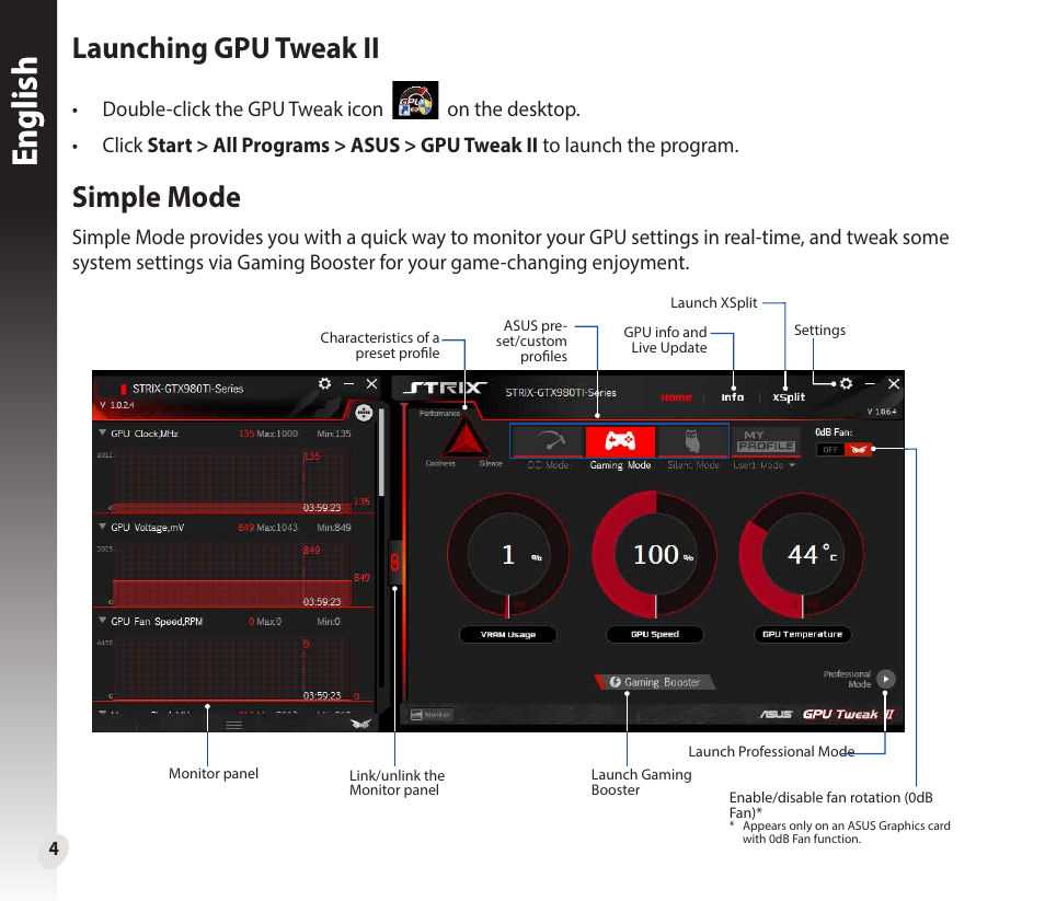 Englishenglish, Launching gpu tweak ii, Simple mode | Asus GeForce GTX 1660 Ti TUF Gaming EVO OC Edition Graphics Card User Manual | Page 4 / 167