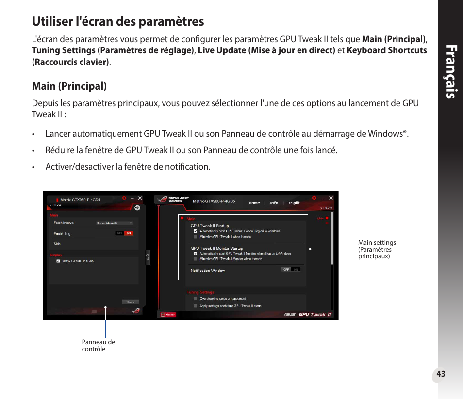 Fr anç ais franç ais, Utiliser l'écran des paramètres | Asus GeForce GTX 1660 Ti TUF Gaming EVO OC Edition Graphics Card User Manual | Page 43 / 167