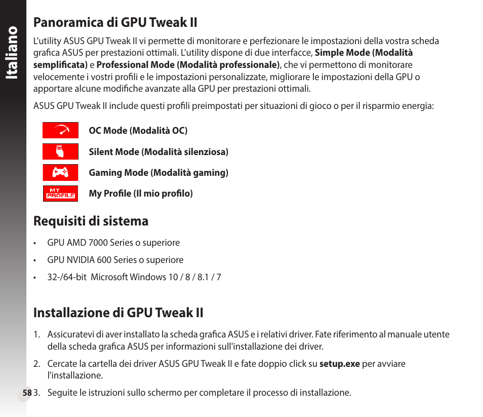 Italianoitaliano, Panoramica di gpu tweak ii, Requisiti di sistema | Installazione di gpu tweak ii | Asus GeForce GTX 1660 Ti TUF Gaming EVO OC Edition Graphics Card User Manual | Page 58 / 167